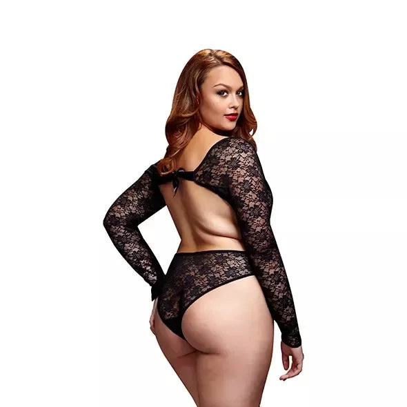 Baci Lace Cutout Teddy juodos spalvos Queen dydžio – elegantiškas atvira nugara bodis