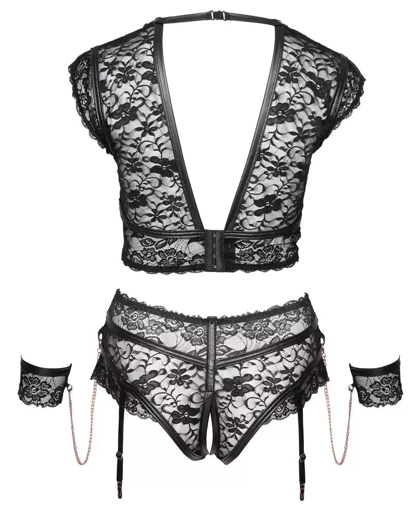 Cottelli Bondage Bra Set 4XL nėriniuotas komplektas su rožinio aukso akcentais