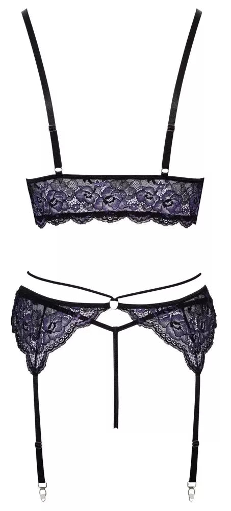 Cottelli LINGERIE Lace Trio Set L – gėlėtų nėrinių liemenėlė ir diržas kojinėms