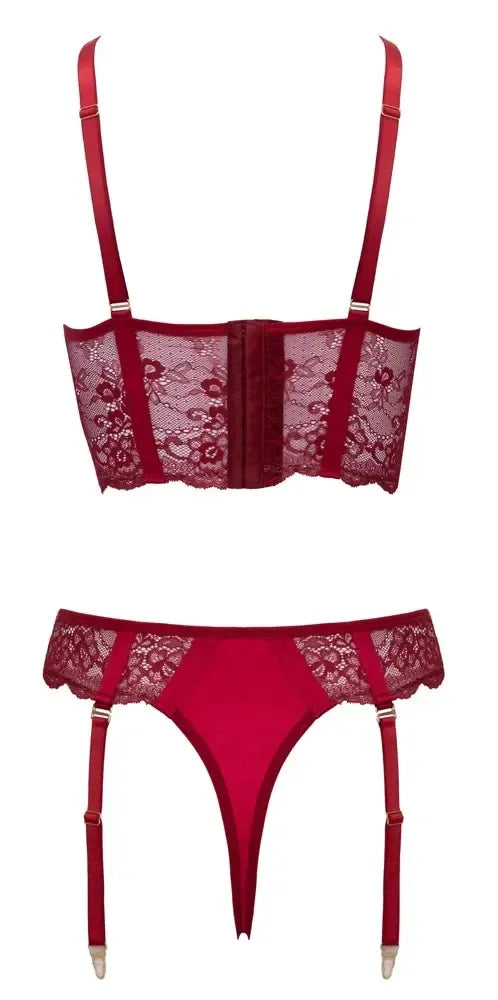 Cottelli LINGERIE liemenėlės komplektas su grandinėlėmis M – tamsiai raudoni nėriniai ir aukso spalvos detalės