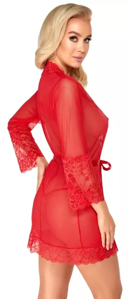 Kissable raudonas kimono S/M su auksiniais nėriniais ir atlasiniu diržu