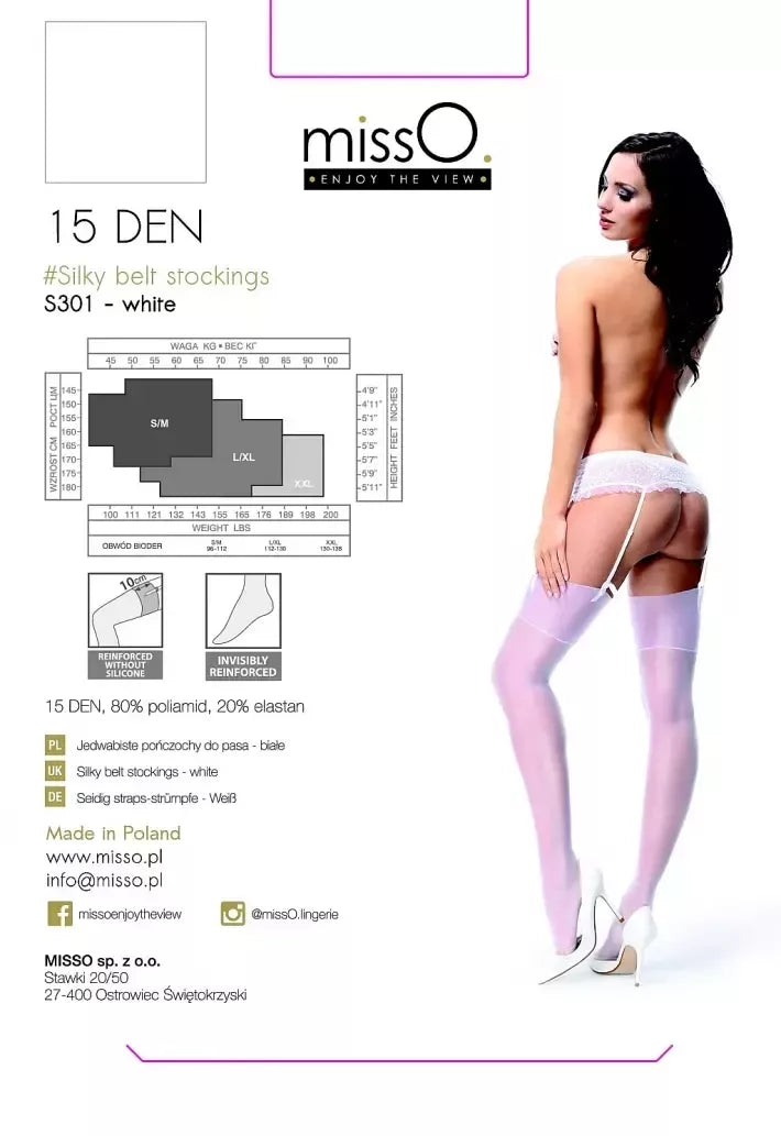 MissO S301 baltos kojinės prie diržo L/XL, šilkinis užbaigimas