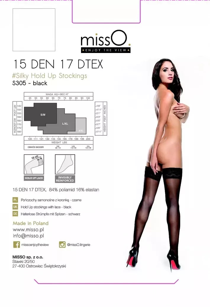 MissO S305 Juodos 15DEN kojinės su nėriniuotu viršumi L/XL