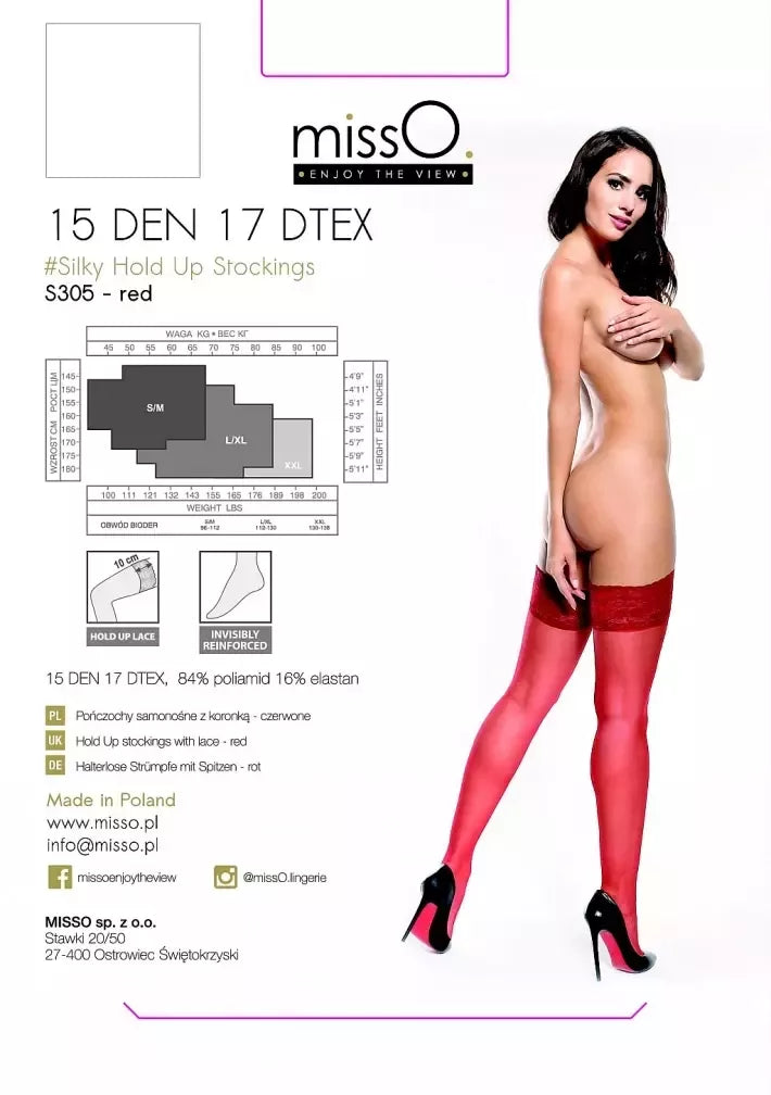 MissO S305 kojinės su silikonine juosta, raudonos, XXL – 15 DEN, nėriniuotas viršus, patvarus audinys