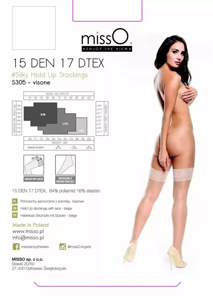 MissO S305 kojinės su silikonine juosta, smėlio spalvos L/XL – 15 DEN, su nėriniais