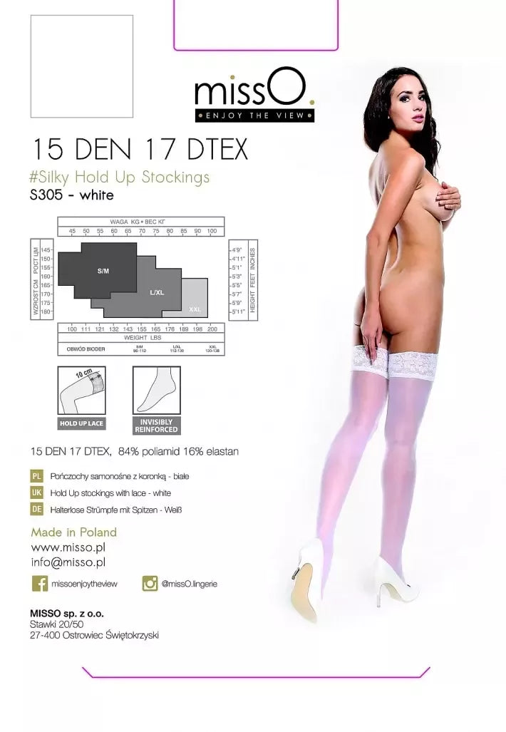 MissO S305 kojinės su silikonu, baltos L/XL – skaidrios 15 DEN, su nėriniais