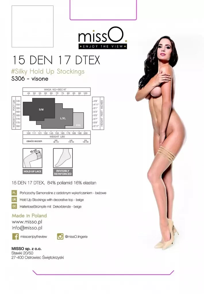 MissO S306 kojinės su laikikliais, smėlio spalvos, XXL – elegantiškas sutvirtintas viršus