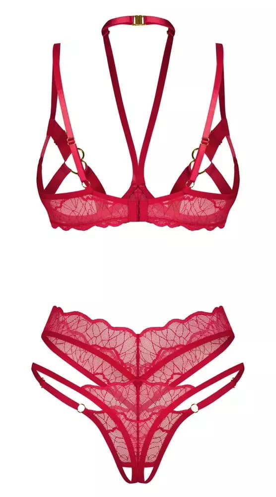Obsessive Cupide Desir nėriniuotas liemenėlės ir kelnaičių rinkinys, raudonas, L/XL, reguliuojamas