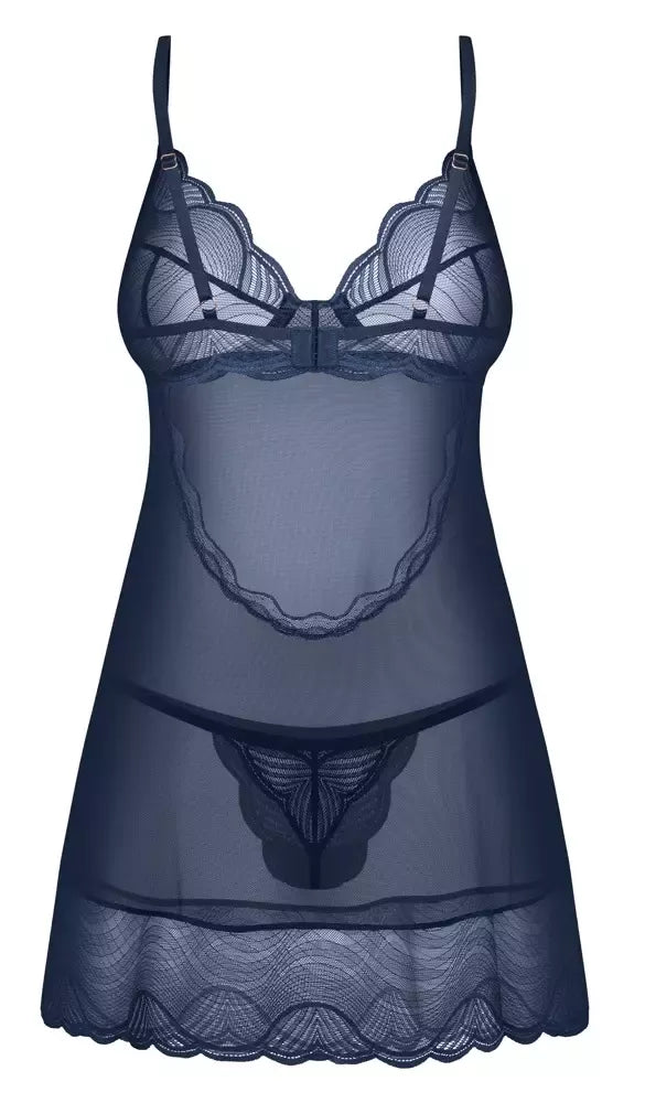 Obsessive Nightly Blue naktinių marškinių komplektas XL/2XL – elegantiški nėriniai ir tiulis