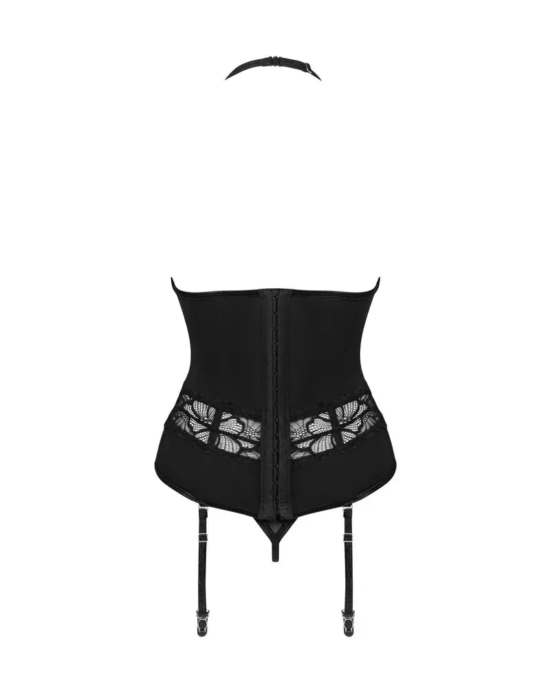 Obsessive Serafia korseto komplektas XL/2XL – juodas, reguliuojamas, nėriniai ir tiulis