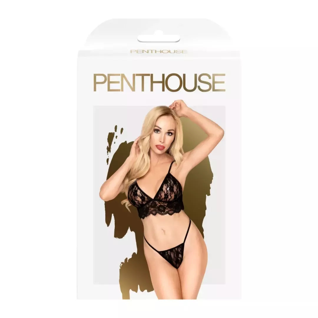 Penthouse Double Spice juodas braletės komplektas M/L - dviejų dalių nėriniuotas apatinis trikotažas