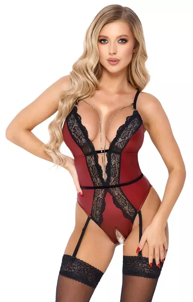 Abierta Fina Body Red/Black L, elegantiškas nėrinių dizainas, nuimamos grandinėlės