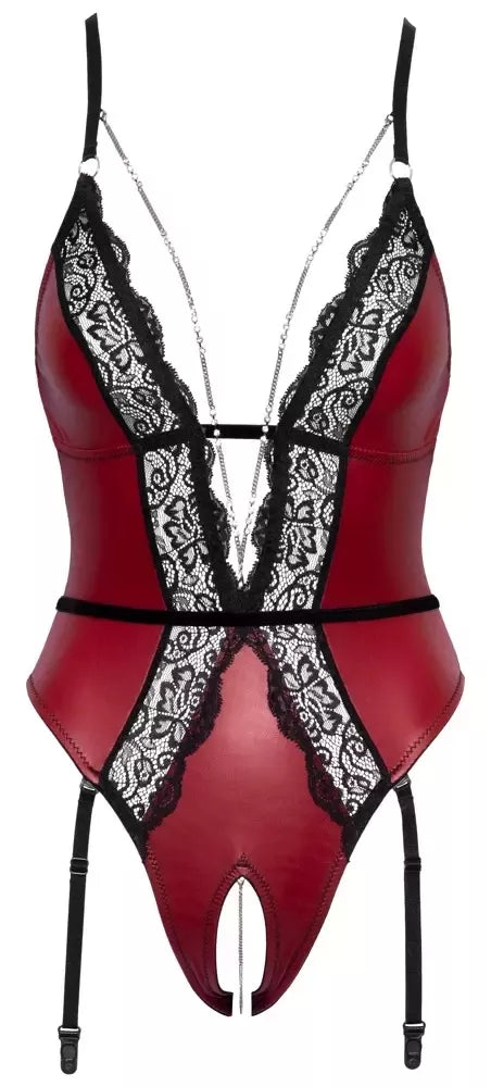 Abierta Fina Body Red/Black L, elegantiškas nėrinių dizainas, nuimamos grandinėlės