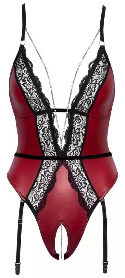 Abierta Fina Body Red/Black L, elegantiškas nėrinių dizainas, nuimamos grandinėlės