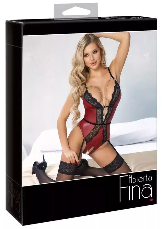 Abierta Fina Body Red/Black M su nuimamomis grandinėlėmis ir nėrinių akcentais