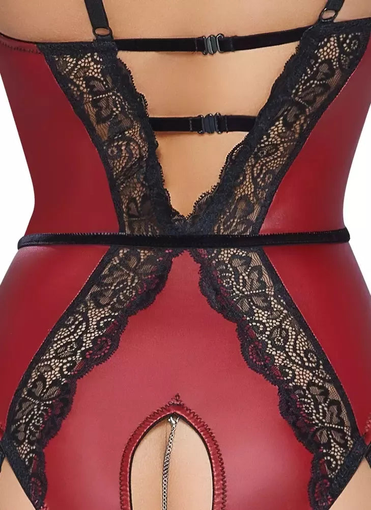 Abierta Fina Body Red/Black M su nuimamomis grandinėlėmis ir nėrinių akcentais