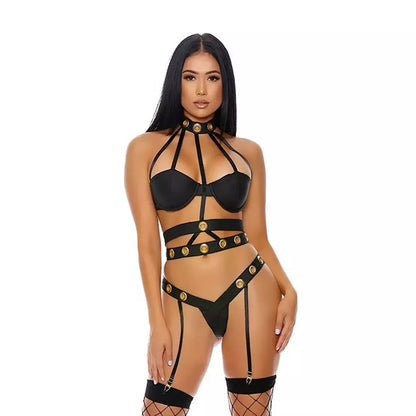„Allure Seductive Cage“ dirželių apatinio trikotažo komplektas XL – su kniedėmis ir kojinių laikikliais