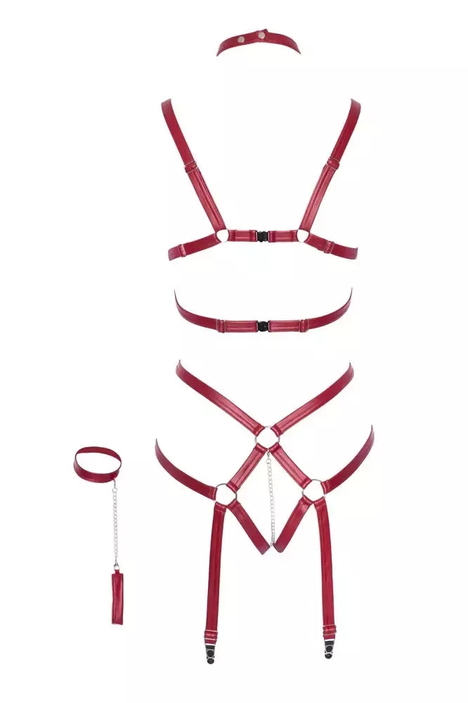 Bad Kitty Bondage Body S/M raudonų dirželių rinkinys su antrankiais