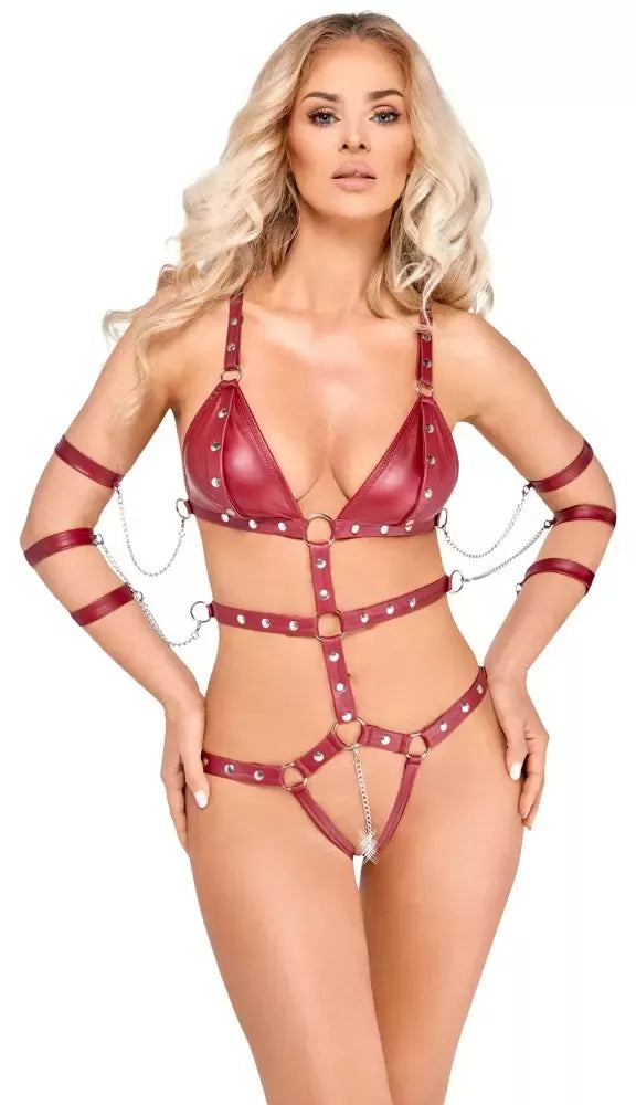 Bad Kitty kėbulo diržai (harness) Red S – reguliuojami dirželiai ir nuimamos grandinėlės