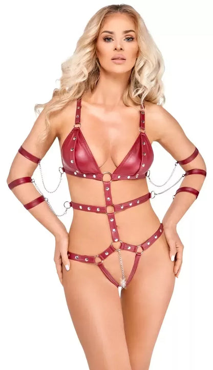 Bad Kitty kėbulo diržai (harness) Red S – reguliuojami dirželiai ir nuimamos grandinėlės