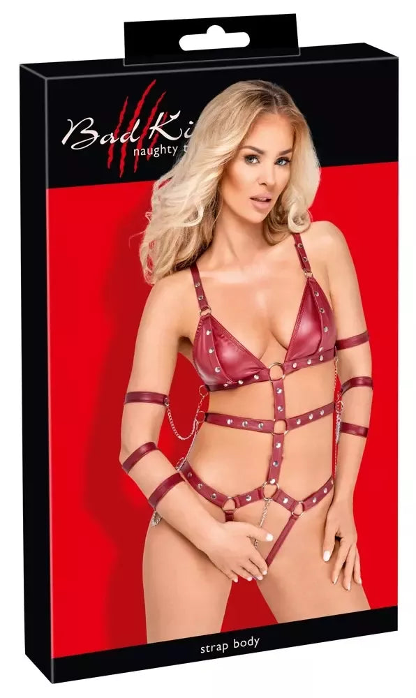 Bad Kitty kėbulo diržai (harness) Red S – reguliuojami dirželiai ir nuimamos grandinėlės
