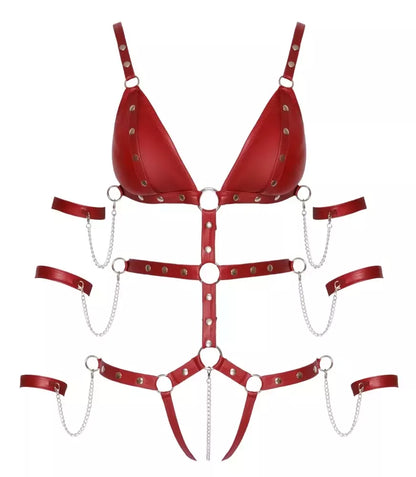 Bad Kitty kėbulo diržai (harness) Red S – reguliuojami dirželiai ir nuimamos grandinėlės