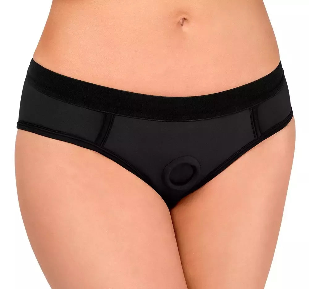 Bad Kitty Strap-On Panties L juodos mikropluošto reguliuojamos kelnaitės su diržu
