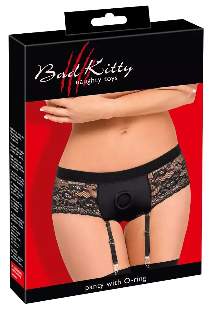 Bad Kitty Suspender Panties M Black – reguliuojamų diržų sistema, nėrinių apdaila