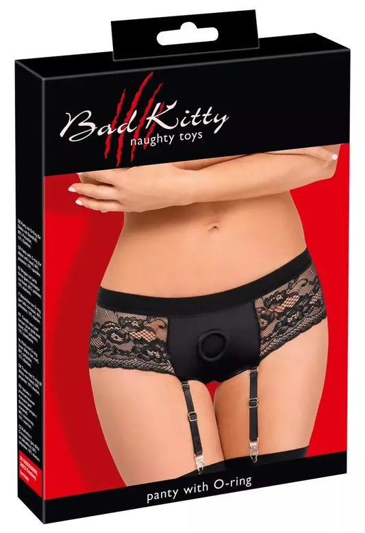 Bad Kitty Suspender Panties M Black – reguliuojamų diržų sistema, nėrinių apdaila