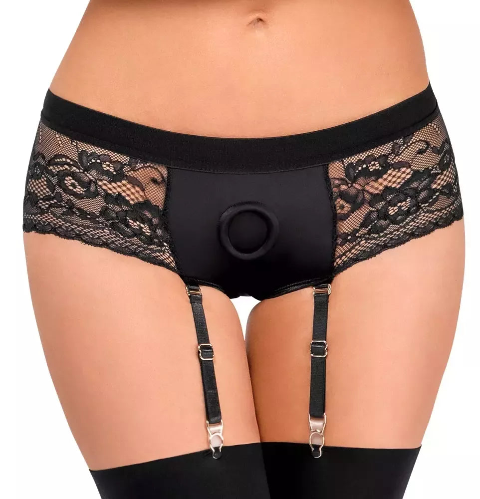Bad Kitty Suspender Panties M Black – reguliuojamų diržų sistema, nėrinių apdaila