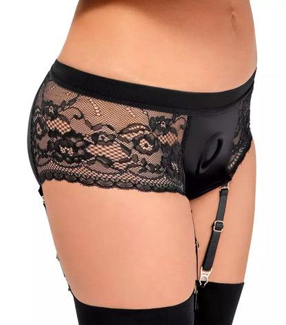 Bad Kitty Suspender Panties M Black – reguliuojamų diržų sistema, nėrinių apdaila