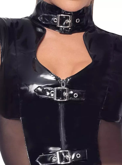 Black Level vinilinė suknelė S su sagtimi ir tinklelio detalėmis šonuose, žvilganti juoda spalva