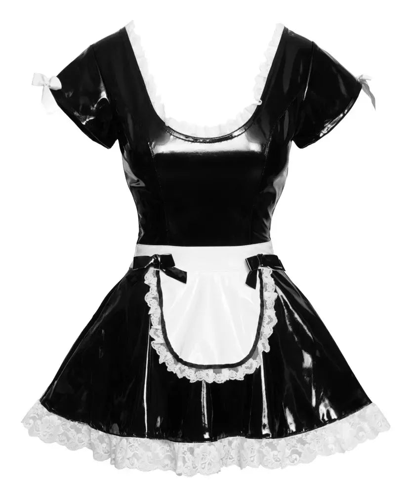 Black Level vinilinė tarnaitės suknelė XL su baltais nėriniais ir prijuoste
