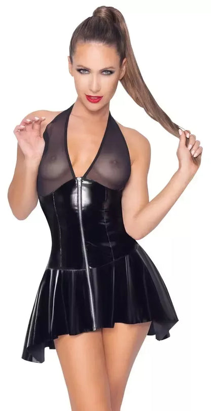 Black Level Vinyl Net Dress L – blizgi juoda platėjanti suknelė su halter tipo iškirpte