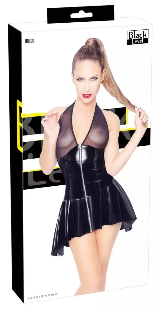 Black Level Vinyl Net Dress L – blizgi juoda platėjanti suknelė su halter tipo iškirpte