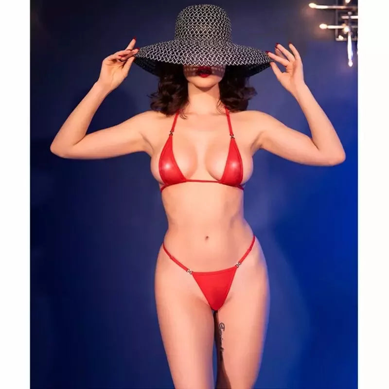 Chilirose CR 4840 mikro bikiniai raudoni S/M – žvilgantis tiulis ir puošnios detalės