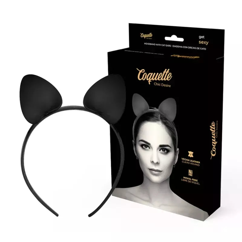 Coquette Chic Desire dirbtinės odos katinėlio ausyčių lankelis – juodas, reguliuojamas