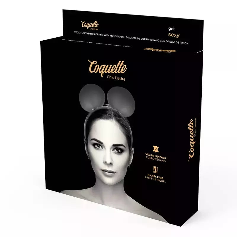 Coquette Chic Desire dirbtinės odos peliuko ausų lankelis – juodas, reguliuojamas