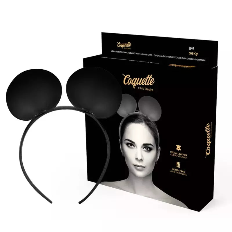 Coquette Chic Desire dirbtinės odos peliuko ausų lankelis – juodas, reguliuojamas