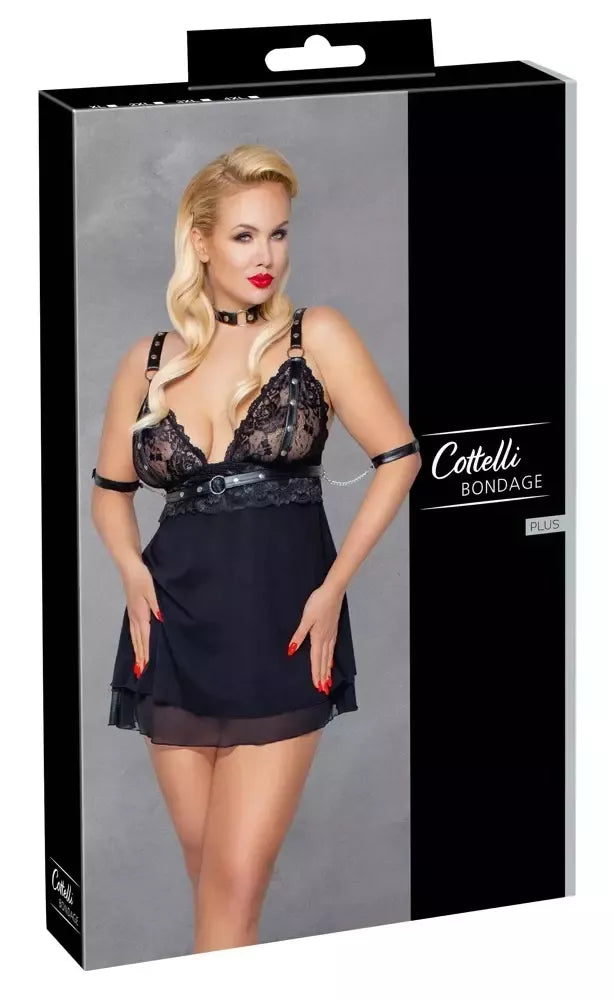 Cottelli Bondage Babydoll Set 2XL su antkakliu ir rankų kilpomis, juodas