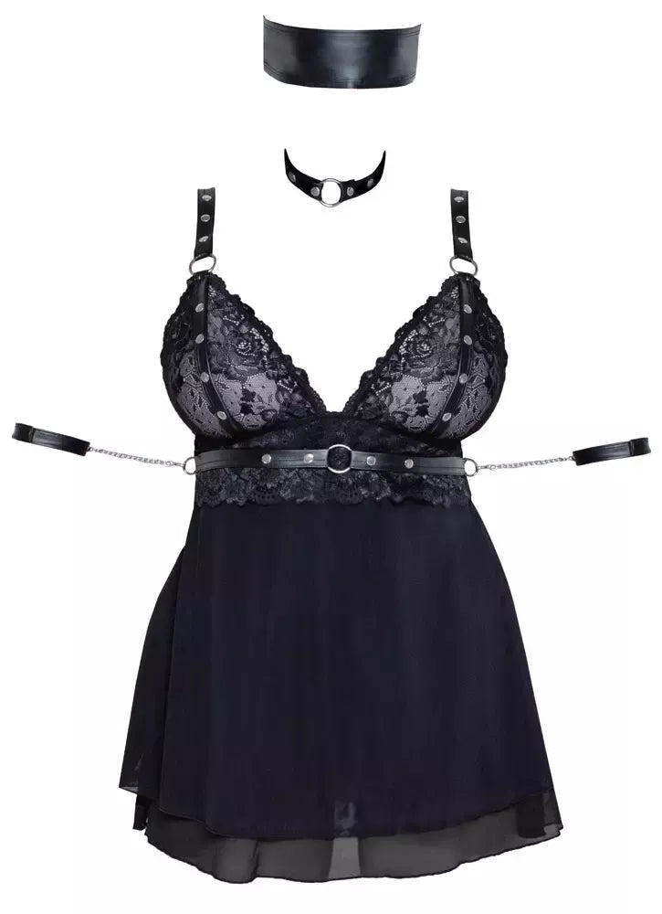 Cottelli Bondage Babydoll Set 2XL su antkakliu ir rankų kilpomis, juodas