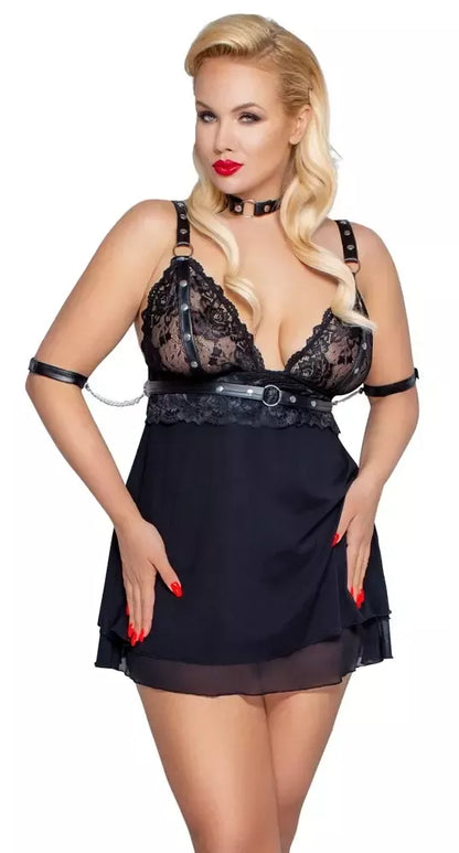 Cottelli Bondage Babydoll Set 2XL su antkakliu ir rankų kilpomis, juodas