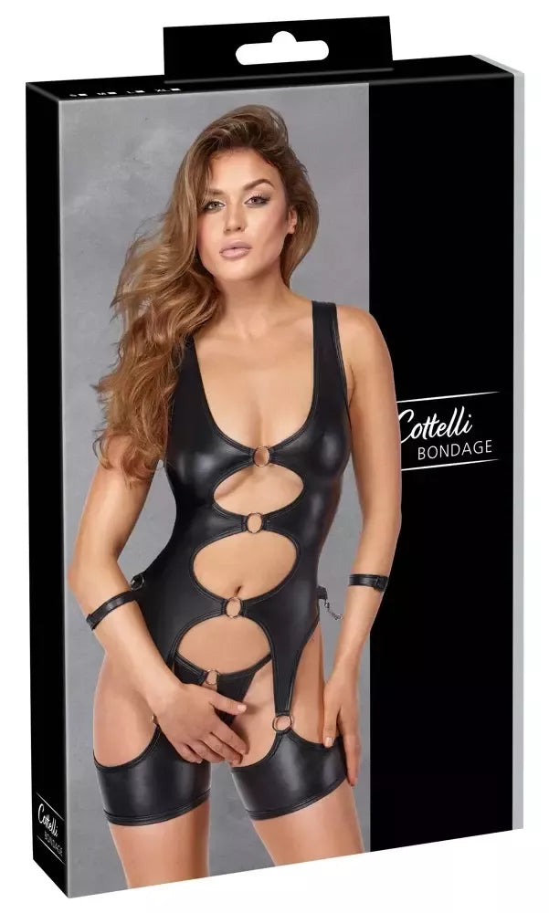 Cottelli Bondage Basque Set M – juodas matinis stilius, reguliuojami antrankiai