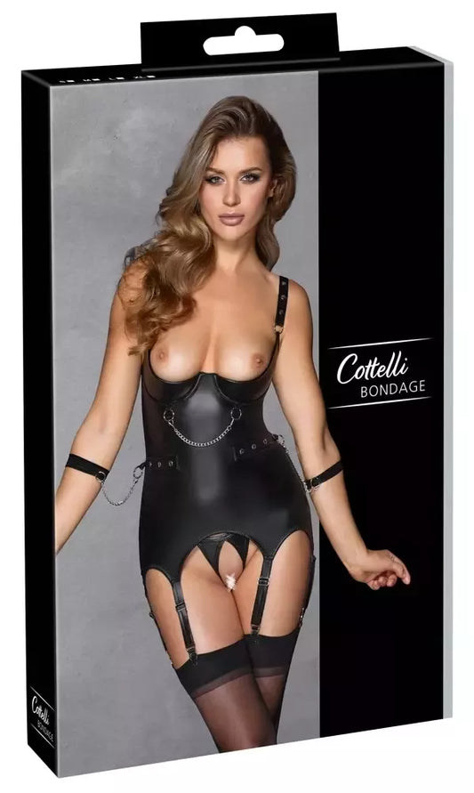 Cottelli Bondage Basque Set M – matinis juodas, nuimamos grandinėlės, antrankiai