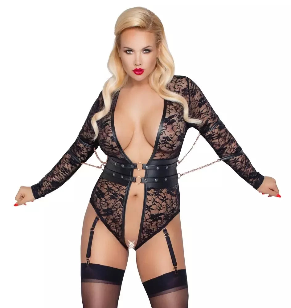 Cottelli Bondage Body 3XL nėriniuotas ilgomis rankovėmis su rožinio aukso spalvos detalėmis