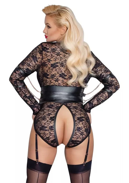 Cottelli Bondage Body 3XL nėriniuotas ilgomis rankovėmis su rožinio aukso spalvos detalėmis
