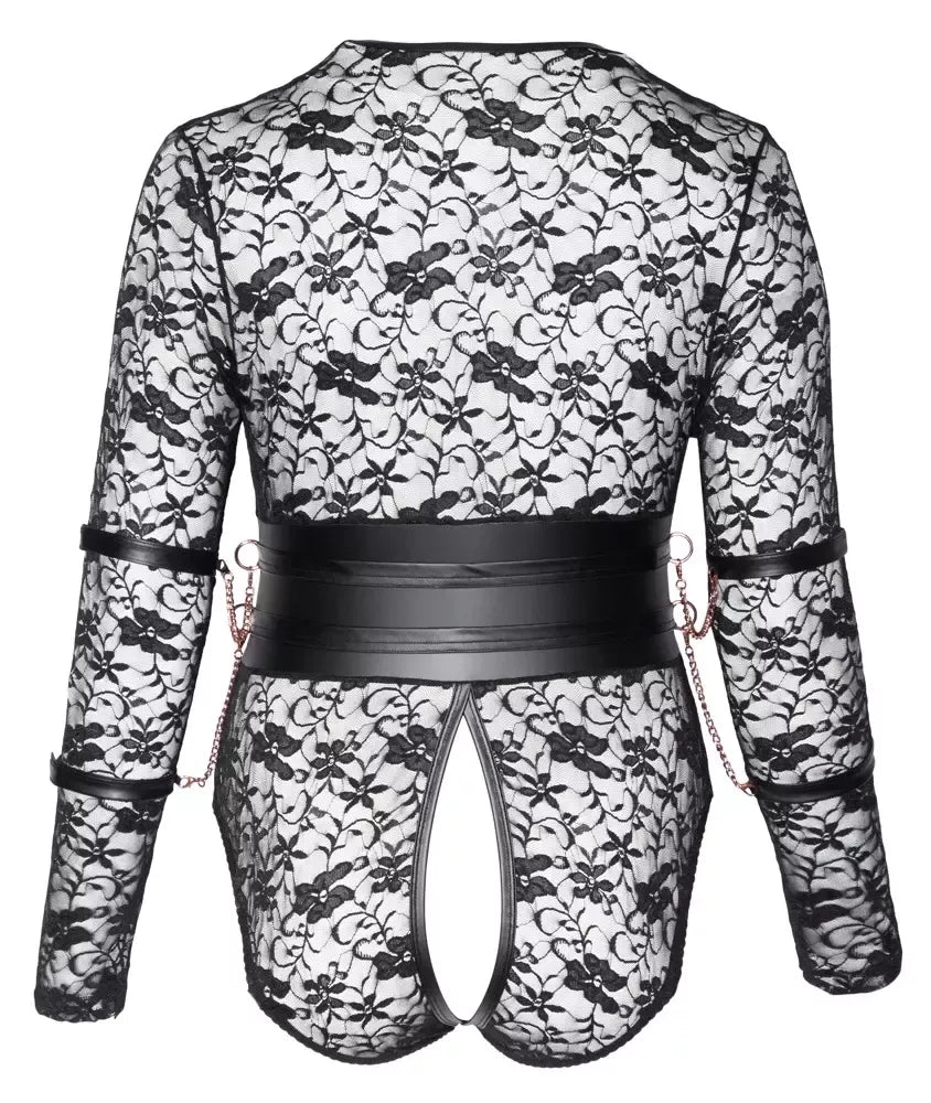 Cottelli Bondage Body 3XL nėriniuotas ilgomis rankovėmis su rožinio aukso spalvos detalėmis