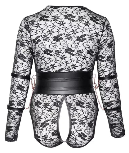 Cottelli Bondage Body 3XL nėriniuotas ilgomis rankovėmis su rožinio aukso spalvos detalėmis