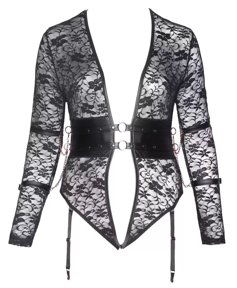 Cottelli Bondage Body 3XL nėriniuotas ilgomis rankovėmis su rožinio aukso spalvos detalėmis