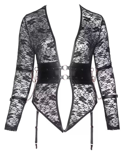 Cottelli Bondage Body 3XL nėriniuotas ilgomis rankovėmis su rožinio aukso spalvos detalėmis